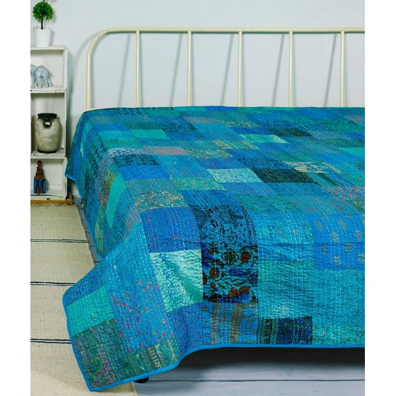 Indian Handmade Kantha Quilted Vintage Kantha Silk Quilt Boho Indian Patchwork Coverlet Throw Bedspread Blanket Bedcover Bedding Home Decorative Gudri
