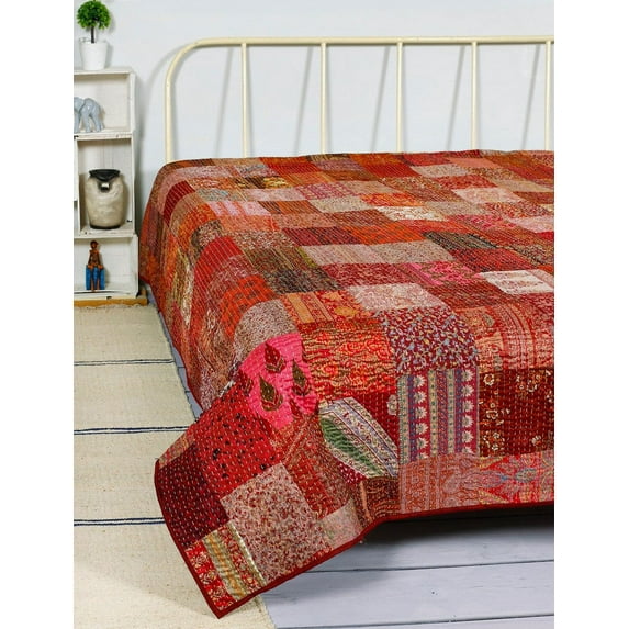 Indian Handmade Kantha Quilted Vintage Kantha Silk Quilt Boho Indian Patchwork Coverlet Throw Bedspread Blanket Bedcover Bedding Home Decorative Gudri
