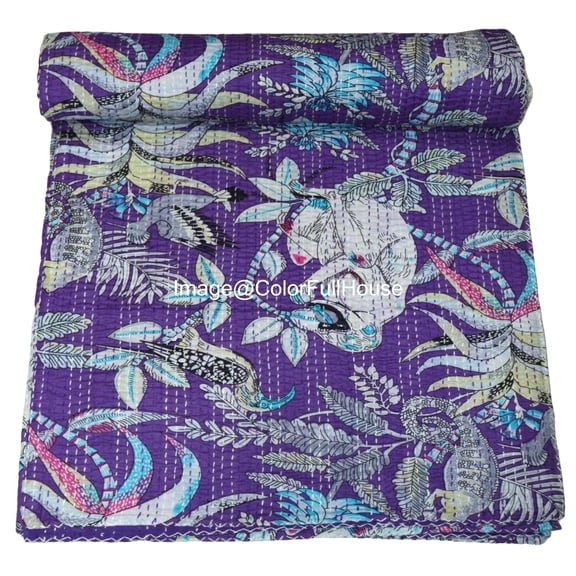 Indian Handmade Monkey Print Kantha Quilt,Village Gudri,Bedsheet, Bedspread, Traditional Indian Throw Blanket Size ( Double 90" x 108")
