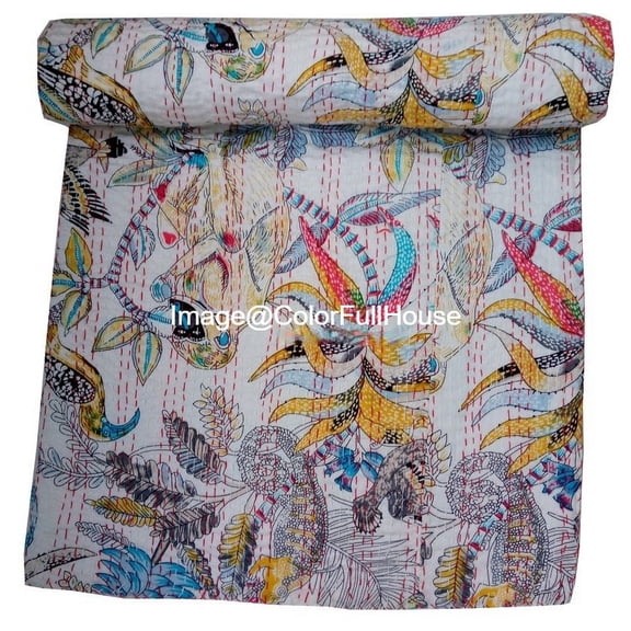 Indian Handmade Monkey Print Kantha Quilt,Village Gudri,Bedsheet, Bedspread, Traditional Indian Throw Blanket Size ( Double 90" x 108")