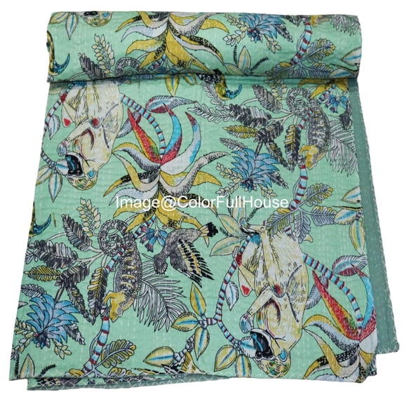 Indian Handmade Monkey Print Kantha Quilt,Village Gudri,Bedsheet, Bedspread, Traditional Indian Throw Blanket Size ( Double 90" x 108")