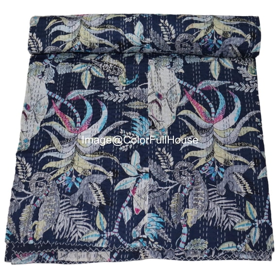 Indian Handmade Monkey Print Kantha Quilt,Village Gudri,Bedsheet, Bedspread, Traditional Indian Throw Blanket Size ( King 108" x 108" )