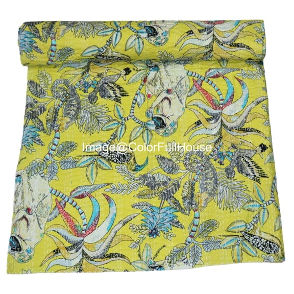 Indian Handmade Monkey Print Kantha Quilt,Village Gudri,Bedsheet, Bedspread, Traditional Indian Throw Blanket Size ( King 108" x 108" )