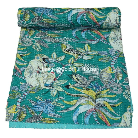 Indian Handmade Monkey Print Kantha Quilt,Village Gudri,Bedsheet, Bedspread, Traditional Indian Throw Blanket Size ( King 108" x 108" )