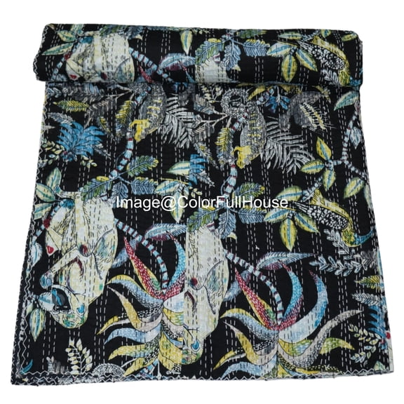 Indian Handmade Monkey Print Kantha Quilt,Village Gudri,Bedsheet, Bedspread, Traditional Indian Throw Blanket Size ( King 108" x 108" )
