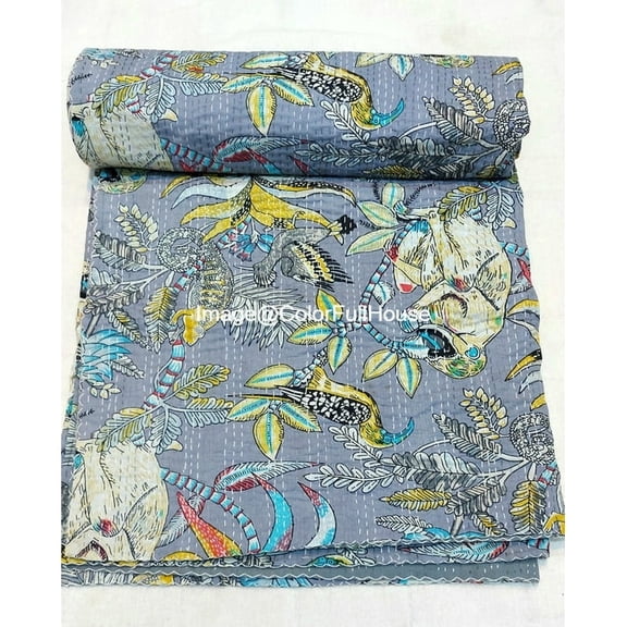 Indian Handmade Monkey Print Kantha Quilt,Village Gudri,Bedsheet, Bedspread, Traditional Indian Throw Blanket Size ( King 108" x 108" )