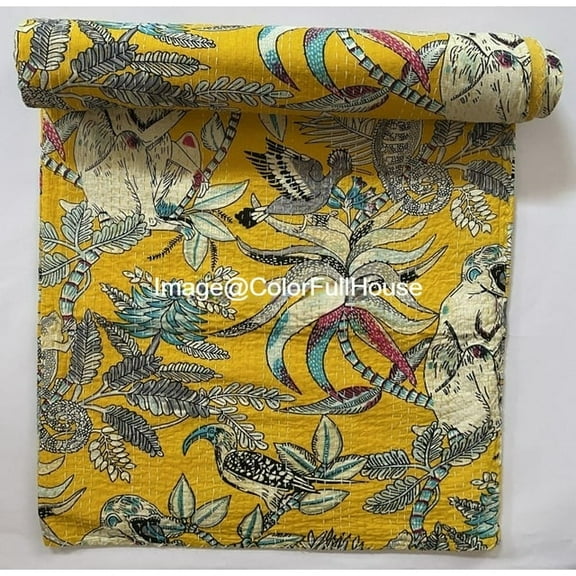 Indian Handmade Monkey Print Kantha Quilt,Village Gudri,Bedsheet, Bedspread, Traditional Indian Throw Blanket Size ( Single 60" x 90" )