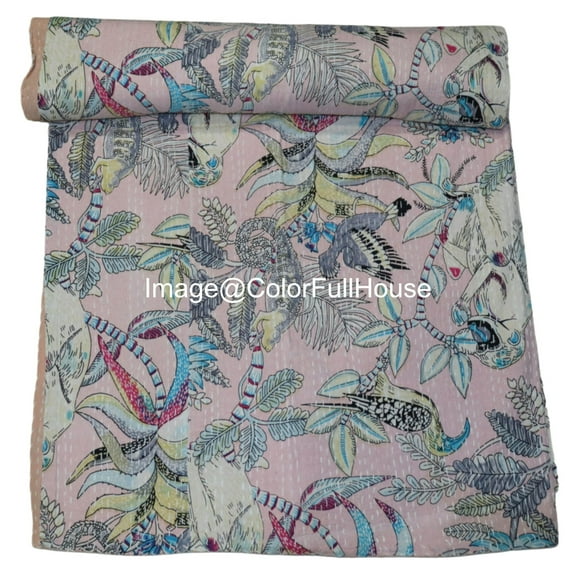 Indian Handmade Monkey Print Kantha Quilt,Village Gudri,Bedsheet, Bedspread, Traditional Indian Throw Blanket Size ( Single 60" x 90" )