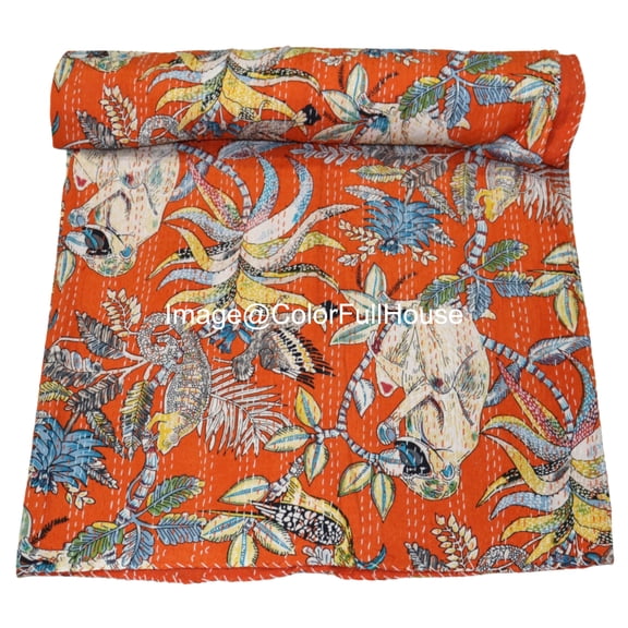 Indian Handmade Monkey Print Kantha Quilt,Village Gudri,Bedsheet, Bedspread, Traditional Indian Throw Blanket Size ( Single 60" x 90" )