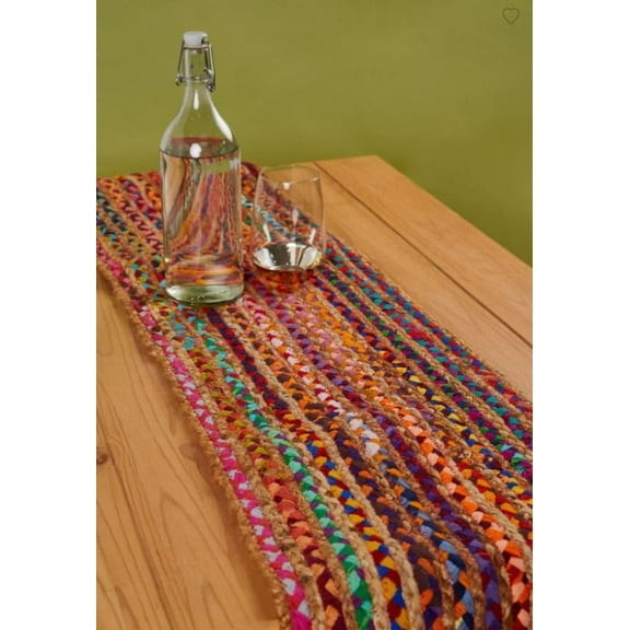 Indian Handmade Multi with Beige Border Jute Table Runner Rug – 14 x 54 – Indian Handwoven Dining Table Décor, Kitchen, Coffee Table – Bohemian Farmhouse Decor