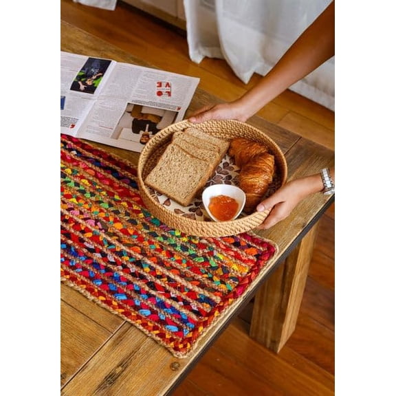 Indian Handmade Multi & Beige Jute Table Runner Rug – 13 x 72 – Indian Handwoven Dining Table Décor, Kitchen, Coffee Table – Bohemian Farmhouse Decor