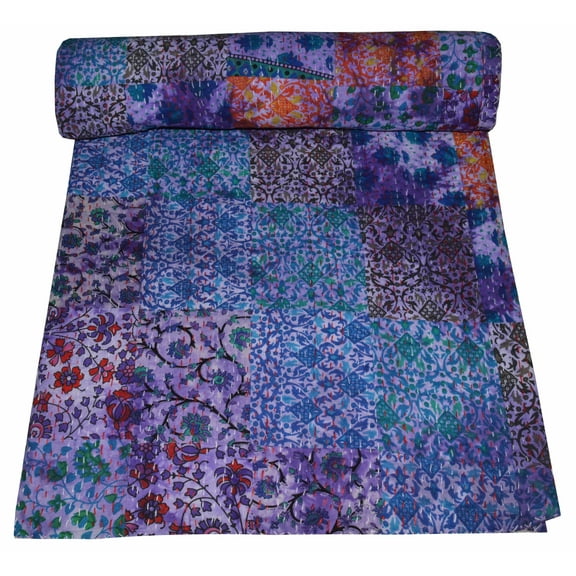 Indian Handmade Multi Patchwork Kantha Quilt Queen Size Kantha Bedspread Kantha Throw Embroidery Assorted Patchwork Quilt