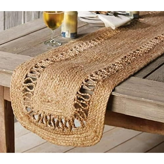 Indian Handmade Natural Jute Design Jute Table Runner Rug – 14 x 48 – Indian Handwoven Dining Table Décor, Kitchen, Coffee Table – Bohemian Farmhouse Decor