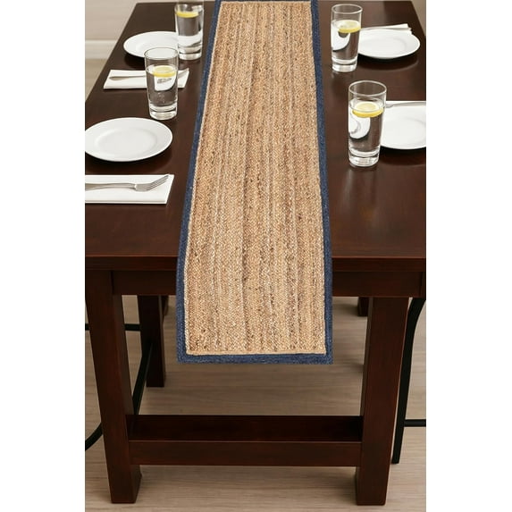 Indian Handmade Navy with Beige Border Jute Table Runner Rug – 14 x 144 – Indian Handwoven Dining Table Décor, Kitchen, Coffee Table – Bohemian Farmhouse Decor
