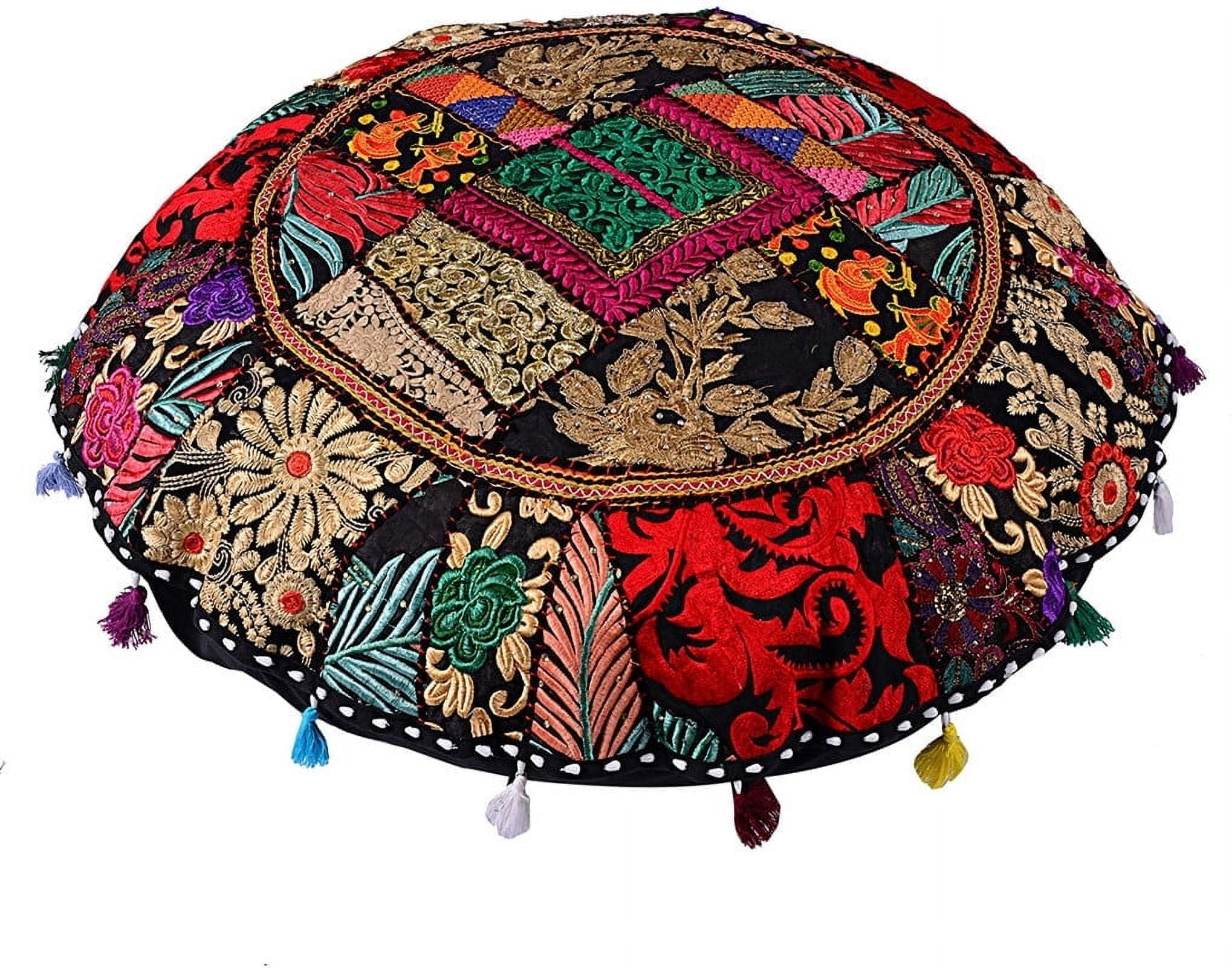 Indian Handmade Patchwork Codework Round Pouf Cover Ottoman Floor Pillow Cushion Seating Throw Decorative Pillow Cases