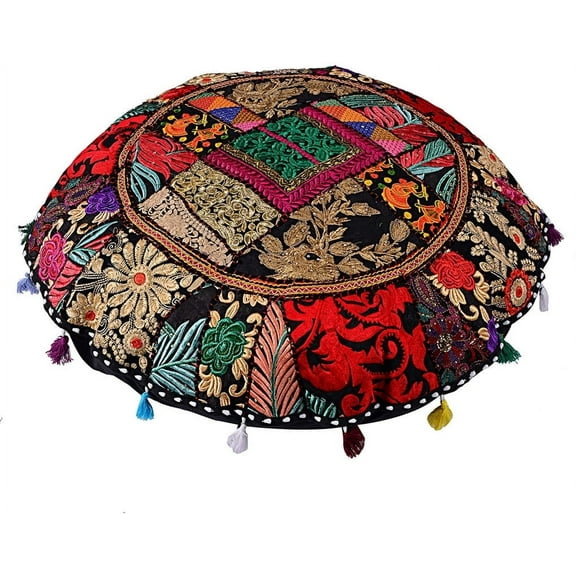 Indian Handmade Patchwork Codework Round Pouf Cover Ottoman Floor Pillow Cushion Seating Throw Decorative Pillow Cases