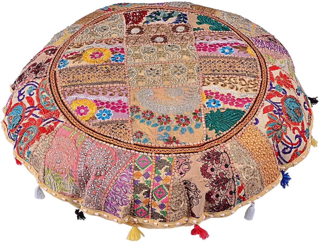 Indian Handmade Patchwork Codework Round Pouf Cover Ottoman Floor Pillow Cushion Seating Throw Decorative Pillow Cases