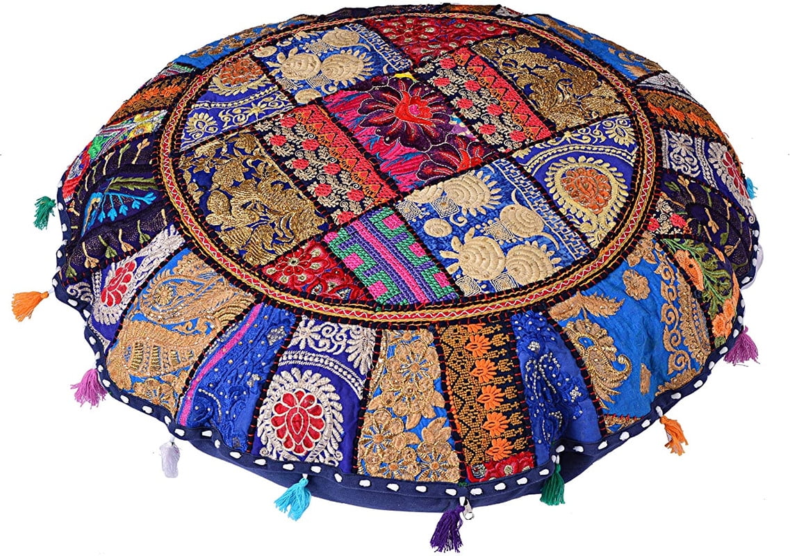 Indian Handmade Patchwork Codework Round Pouf Cover Ottoman Floor Pillow Cushion Seating Throw Decorative Pillow Cases