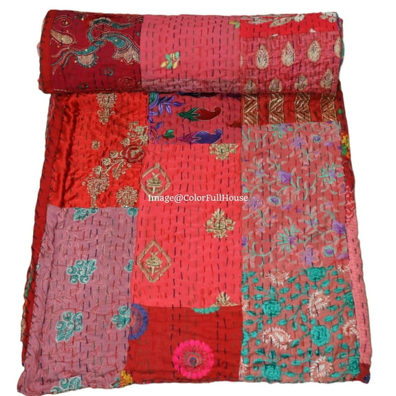 Indian Handmade Patchwork Kantha Quilt, Vintage Cotton,Silk Kantha Gudri,Decorative Hand Stitch Bedspread, Throw Blanket Size ( Double 90" x 108")