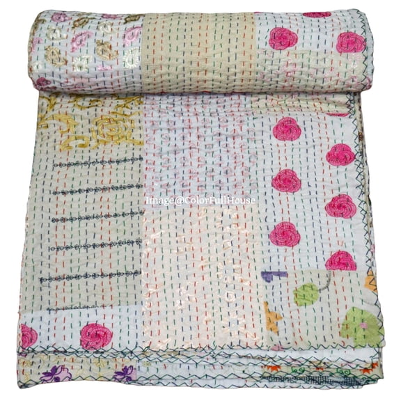 Indian Handmade Patchwork Kantha Quilt, Vintage Cotton,Silk Kantha Gudri,Decorative Hand Stitch Bedspread, Throw Blanket Size ( Double 90" x 108")