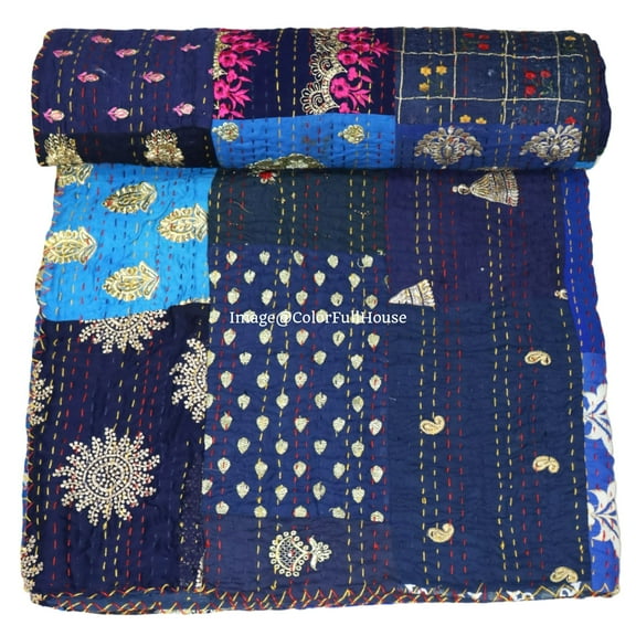 Indian Handmade Patchwork Kantha Quilt, Vintage Cotton,Silk Kantha Gudri,Decorative Hand Stitch Bedspread, Throw Blanket Size ( King 108" x 108" )