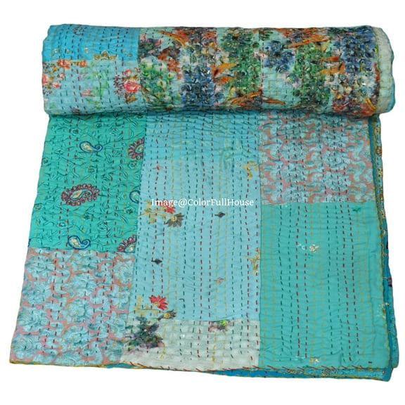 Indian Handmade Patchwork Kantha Quilt, Vintage Cotton,Silk Kantha Gudri,Decorative Hand Stitch Bedspread, Throw Blanket Size ( King 108" x 108" )