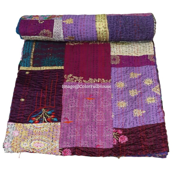 Indian Handmade Patchwork Kantha Quilt, Vintage Cotton,Silk Kantha Gudri,Decorative Hand Stitch Bedspread, Throw Blanket Size ( King 108" x 108" )