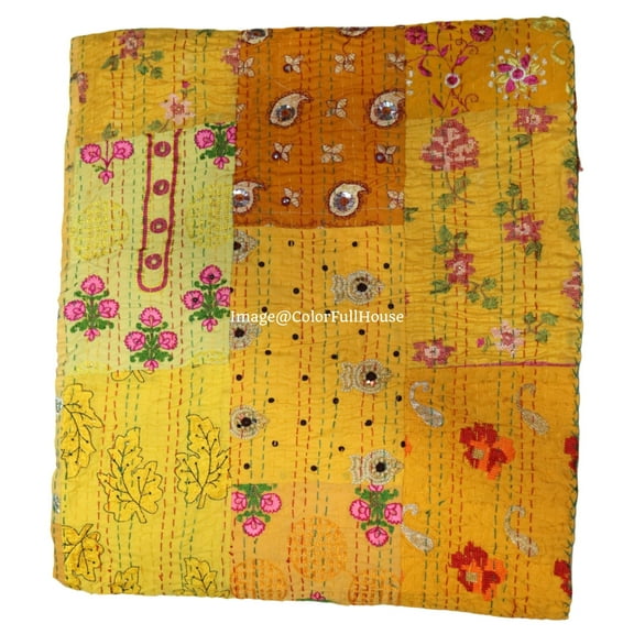 Indian Handmade Patchwork Kantha Quilt, Vintage Cotton,Silk Kantha Gudri,Decorative Hand Stitch Bedspread, Throw Blanket Size ( King 108" x 108" )