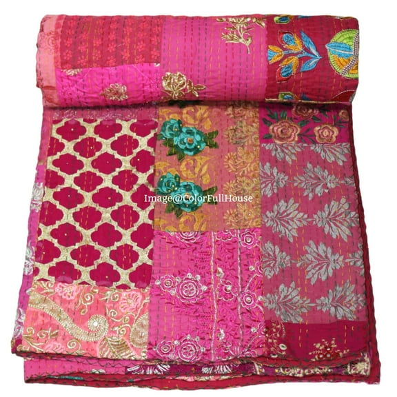 Indian Handmade Patchwork Kantha Quilt, Vintage Cotton,Silk Kantha Gudri,Decorative Hand Stitch Bedspread, Throw Blanket Size ( Single 60" x 90" )