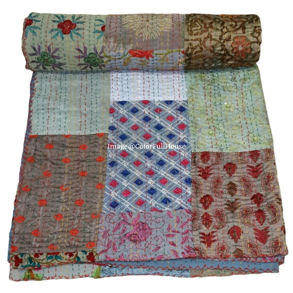 Indian Handmade Patchwork Kantha Quilt, Vintage Cotton,Silk Kantha Gudri,Decorative Hand Stitch Bedspread, Throw Blanket Size ( Single 60" x 90" )