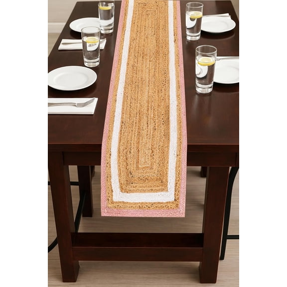 Indian Handmade Pink & White with Beige Jute Table Runner Rug – 14 x 84 – Indian Handwoven Dining Table Décor, Kitchen, Coffee Table – Bohemian Farmhouse Decor
