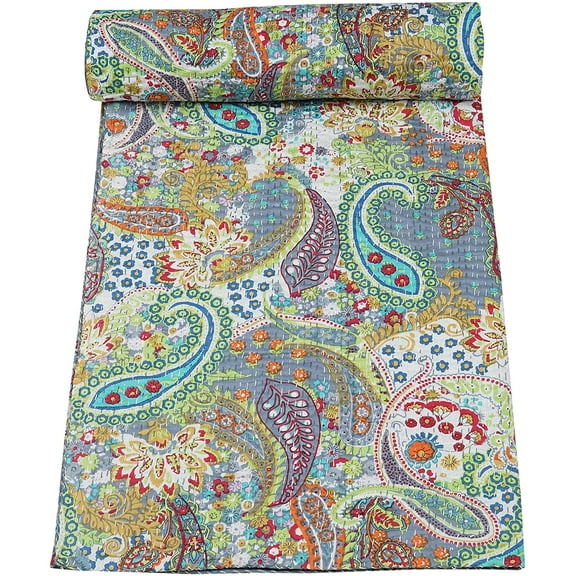 Indian Handmade Pure Cotton Paisley Printed Kantha Quilt ,Bedspread,Bed CoverThrow Blanket Twin Size 60" x 90" (Grey)