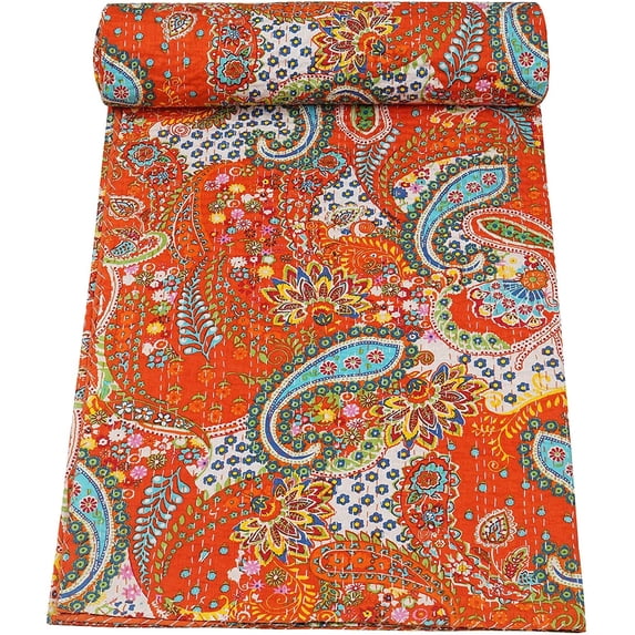 Indian Handmade Pure Cotton Paisley Printed Kantha Quilt ,Bedspread,Bed CoverThrow Blanket Twin Size 60" x 90"