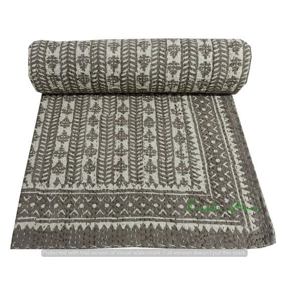 Indian Handmade Queen Cotton Kantha Quilt Throw Blanket Bedspread Hand Block Print