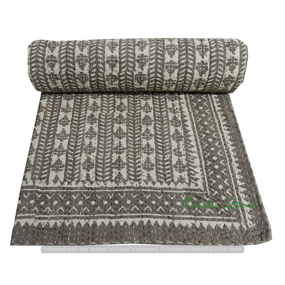 Indian Handmade Queen Cotton Kantha Quilt Throw Blanket Bedspread Hand Block Print