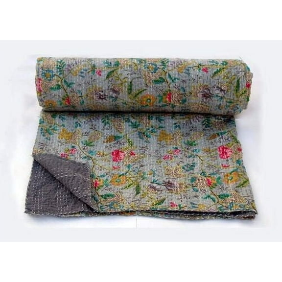 Indian Handmade Queen Cotton Kantha Quilt throw Blanket Bedspread Vintage Quilt