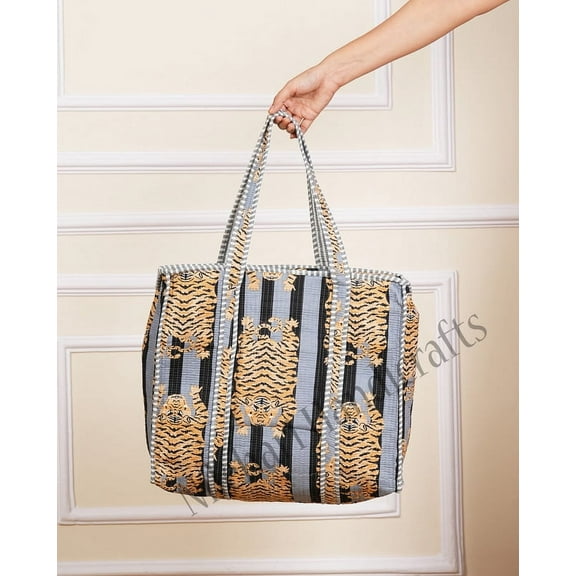 Indian Handmade Qulted Cotton Large Tote Bag Versatile Cotton Shopping, Hand-Carry Bag for Daily Use