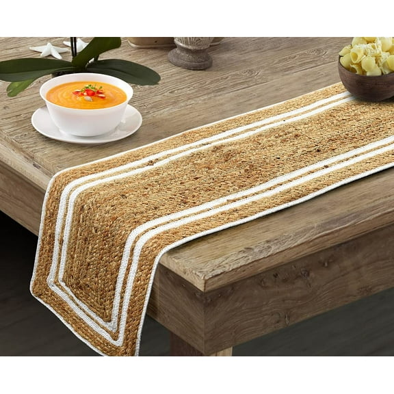 Indian Handmade Rectangular Shape White Border Jute Table Runner Rug – 14 x 144 – Indian Handwoven Dining Table Décor, Kitchen, Coffee Table – Bohemian Farmhouse Decor