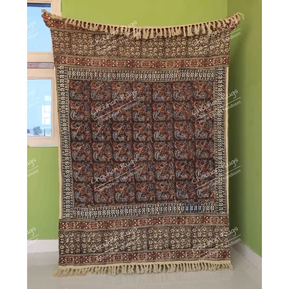 Indian Handmade Soft Cotton Throws Blankets, Hand Loom Hand Block Printed Bed Runner Boho Cotton Fringed Blanket Beach Throw
