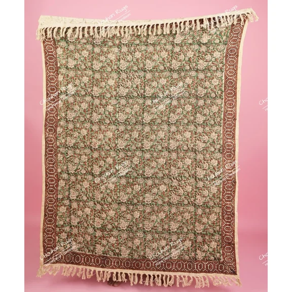 Indian Handmade Soft Cotton Throws Blankets, Hand Loom Hand Block Printed Bed Runner Boho Cotton Fringed Blanket Beach Throw