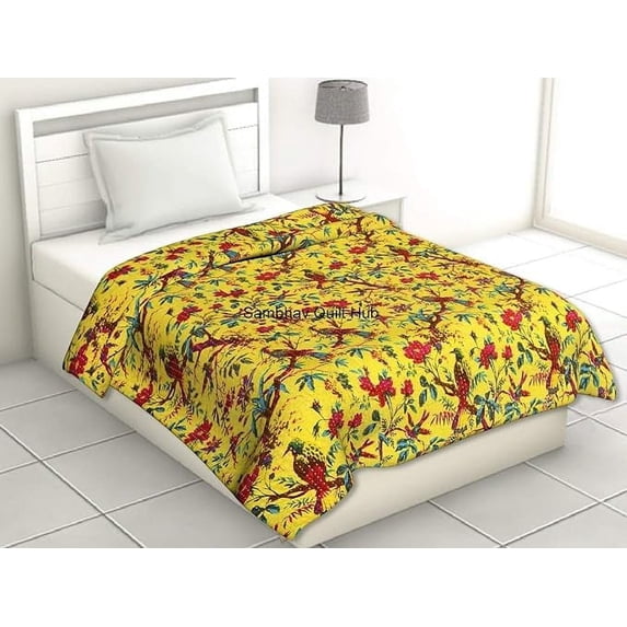 Indian Handmade Stitched Pure Cotton Fruit Print Kantha Quilt, Reversible Kantha Quilt