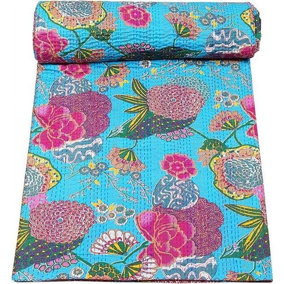 Indian Handmade Stitched Pure Cotton Fruit Print Kantha Quilt, Reversible Kantha Quilt