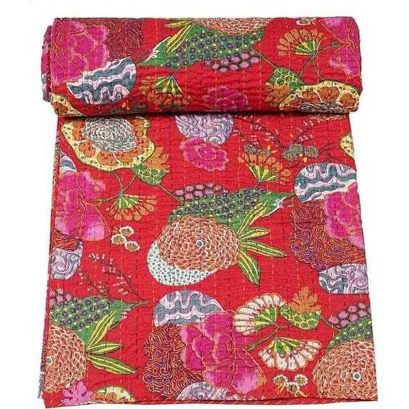 Indian Handmade Stitched Pure Cotton Fruit Print Kantha Quilt, Reversible Kantha Quilt