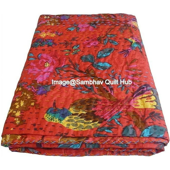 Indian Handmade Stitched Pure Cotton Fruit Print Kantha Quilt, Reversible Kantha Quilt