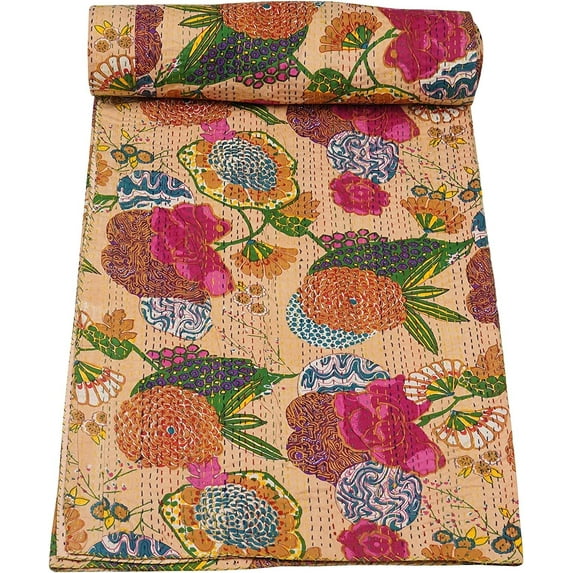Indian Handmade Stitched Pure Cotton Fruit Print Kantha Quilt, Reversible Kantha Quilt