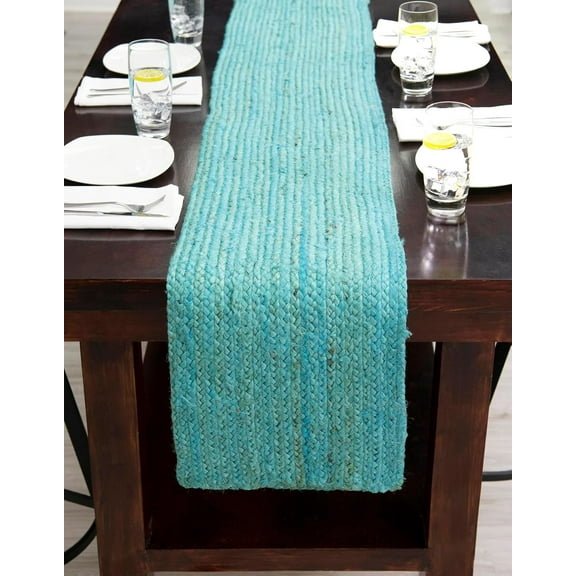 Indian Handmade Turquoise Jute Table Runner Rug – 13 x 120 – Indian Handwoven Dining Table Décor, Kitchen, Coffee Table – Bohemian Farmhouse Decor