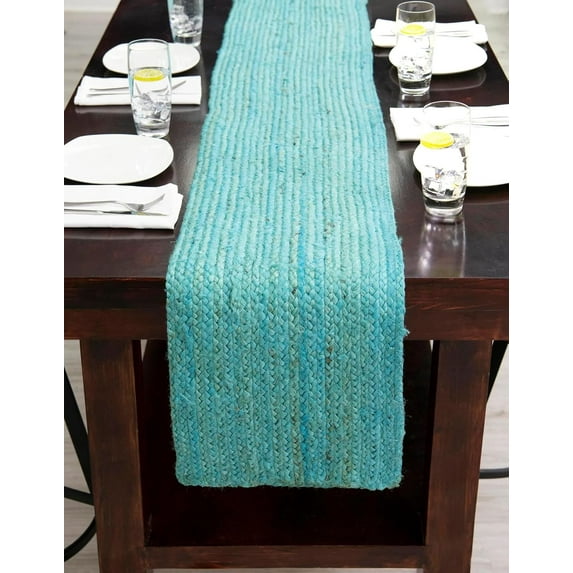 Indian Handmade Turquoise Jute Table Runner Rug – 14 x 60 – Indian Handwoven Dining Table Décor, Kitchen, Coffee Table – Bohemian Farmhouse Decor