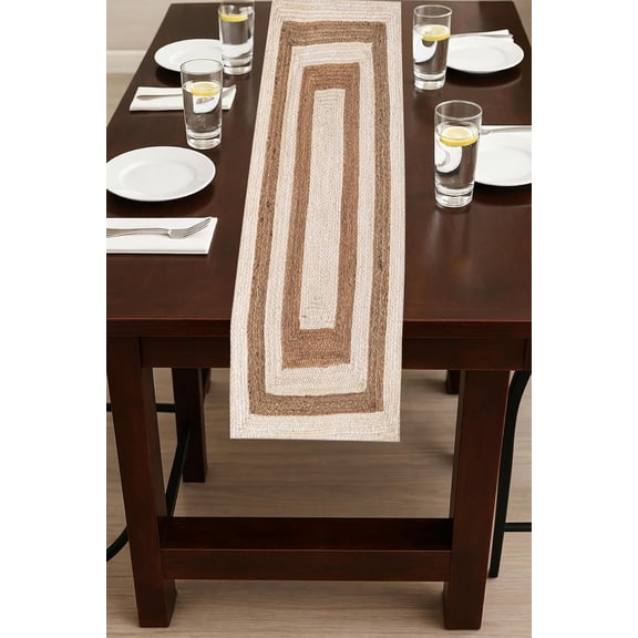 Indian Handmade White With Beige Border Jute Table Runner Rug – 13 x 36 – Indian Handwoven Dining Table Décor, Kitchen, Coffee Table – Bohemian Farmhouse Decor
