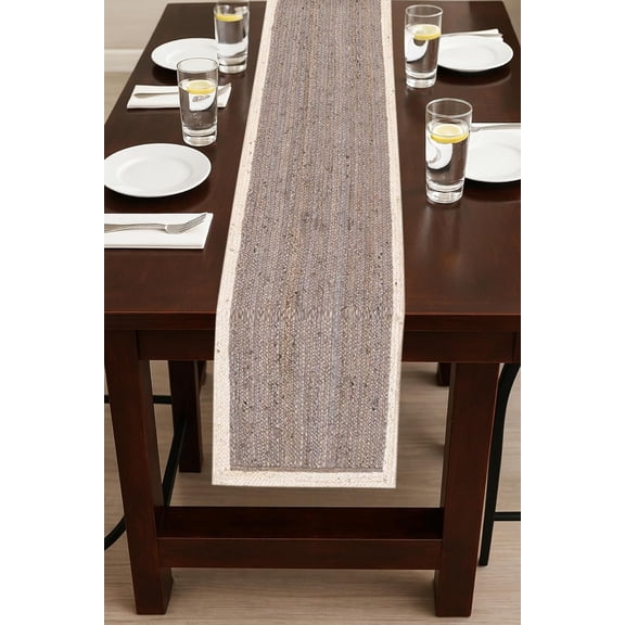 Indian Handmade White & Gray Jute Table Runner Rug – 13 x 72 – Indian Handwoven Dining Table Décor, Kitchen, Coffee Table – Bohemian Farmhouse Decor