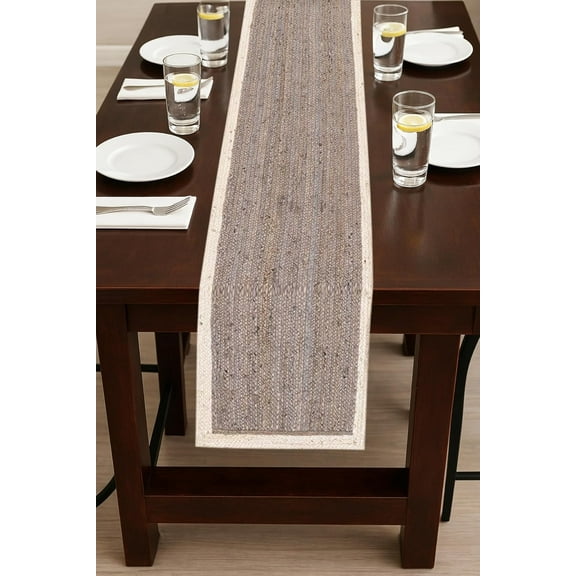 Indian Handmade White & Gray Jute Table Runner Rug – 13 x 96 – Indian Handwoven Dining Table Décor, Kitchen, Coffee Table – Bohemian Farmhouse Decor